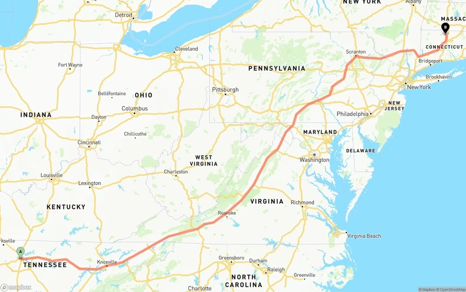 Nashville to Bradley International Airport freight shipping route map