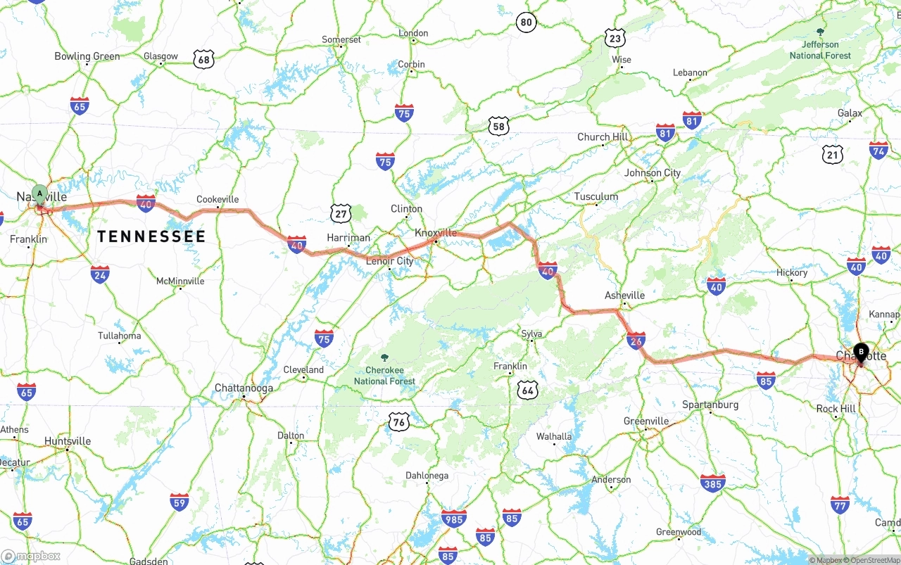 Shipping route from Nashville to Charlotte