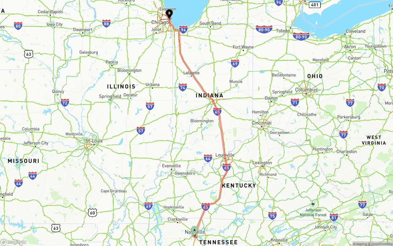Shipping route from Nashville to Chicago