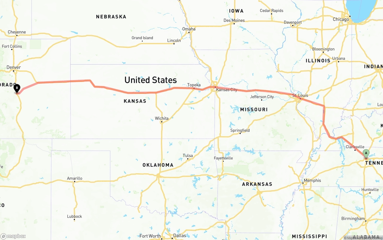 Shipping route from Nashville to Colorado Springs