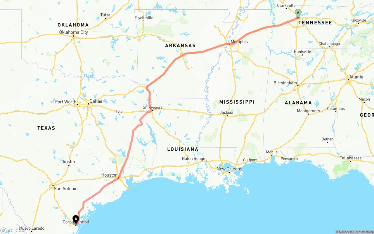 Shipping route from Nashville to Corpus Christi