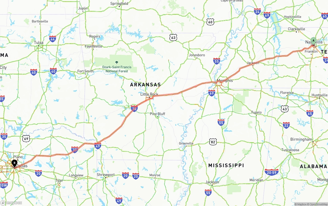 Shipping route from Nashville to Dallas