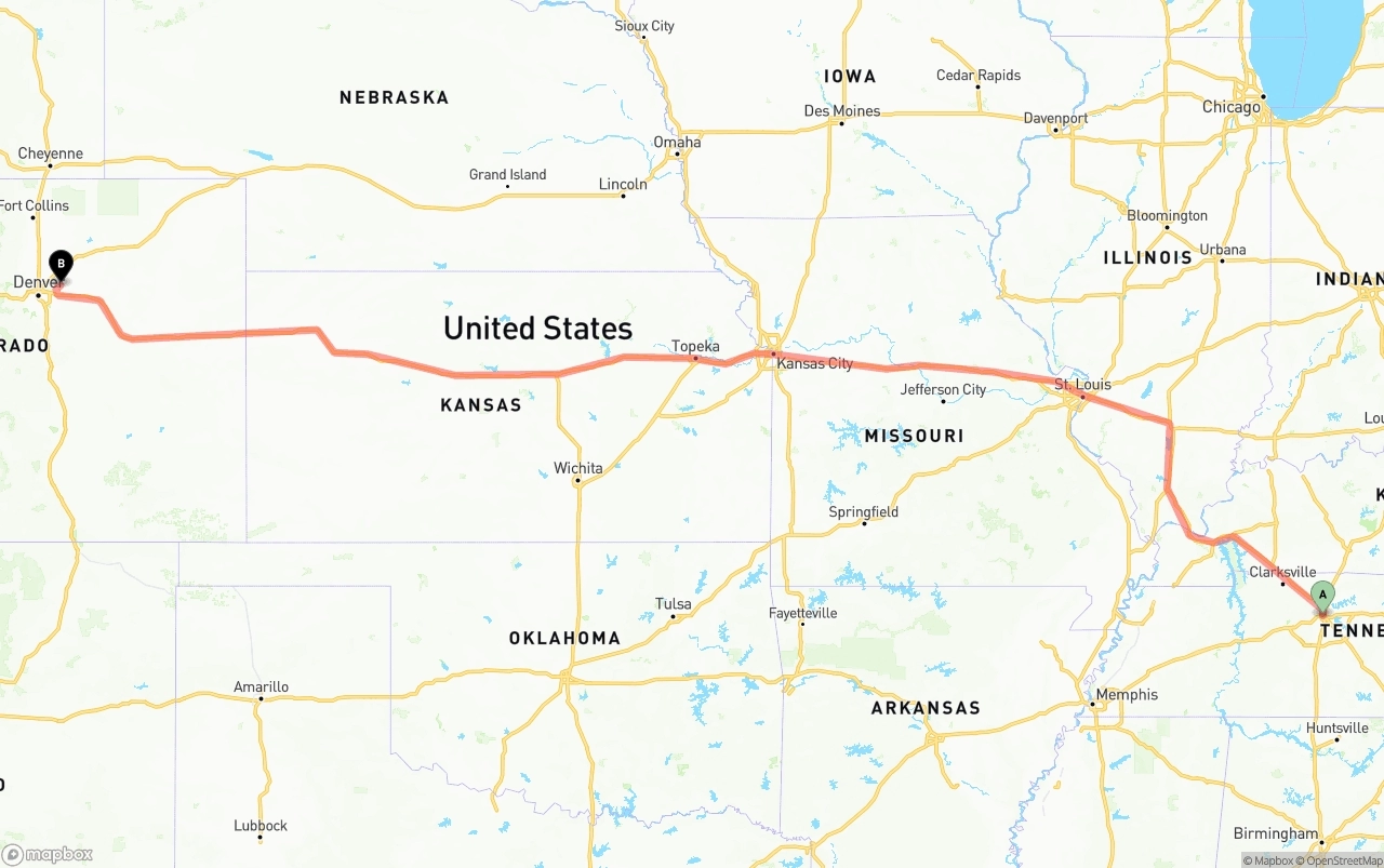 Shipping route from Nashville to Denver International Airport