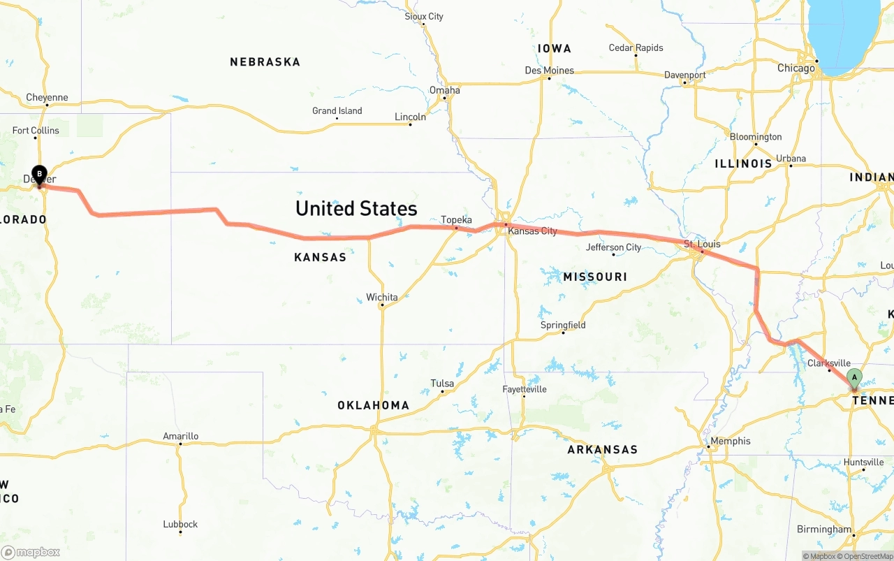 Shipping route from Nashville to Denver