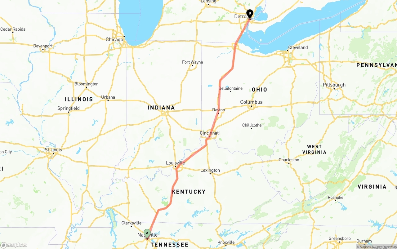 Shipping route from Nashville to Detroit