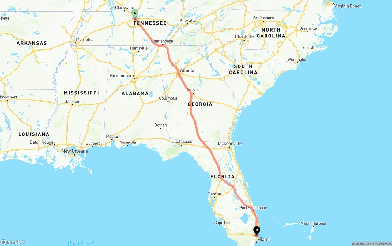 Shipping route from Nashville to Fort Lauderdale-Hollywood International Airport