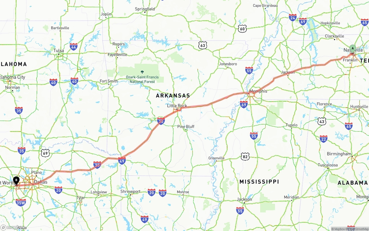 Shipping route from Nashville to Fort Worth