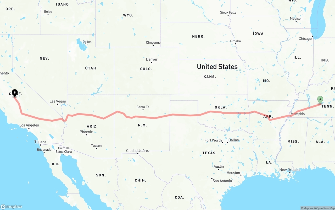 Shipping route from Nashville to Fresno