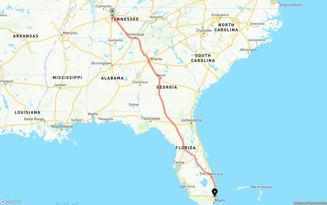 Shipping route from Nashville to Ft. Lauderdale