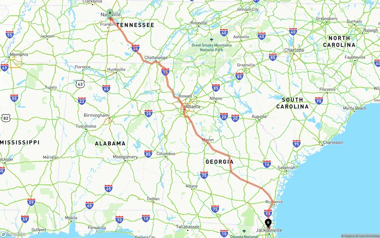 Shipping route from Nashville to Jacksonville International Airport