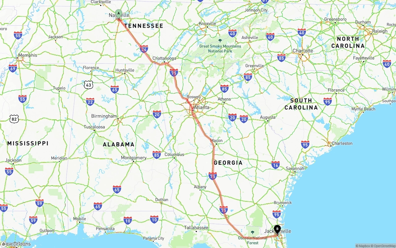 Shipping route from Nashville to Jacksonville