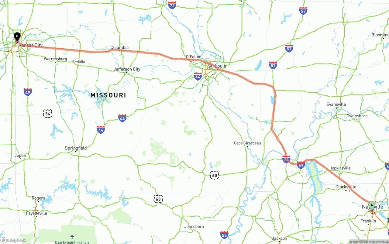 Shipping route from Nashville to Kansas City