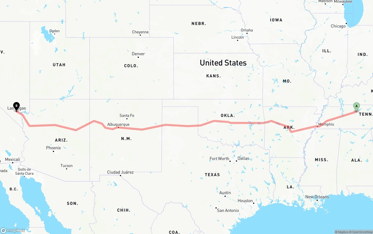 Shipping route from Nashville to Las Vegas