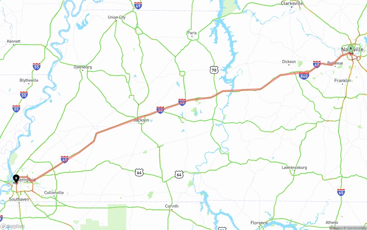 Shipping route from Nashville to Memphis