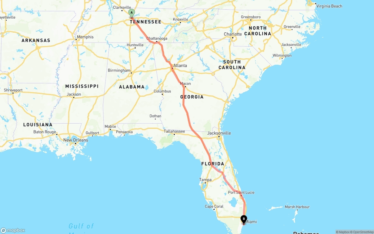 Shipping route from Nashville to Miami