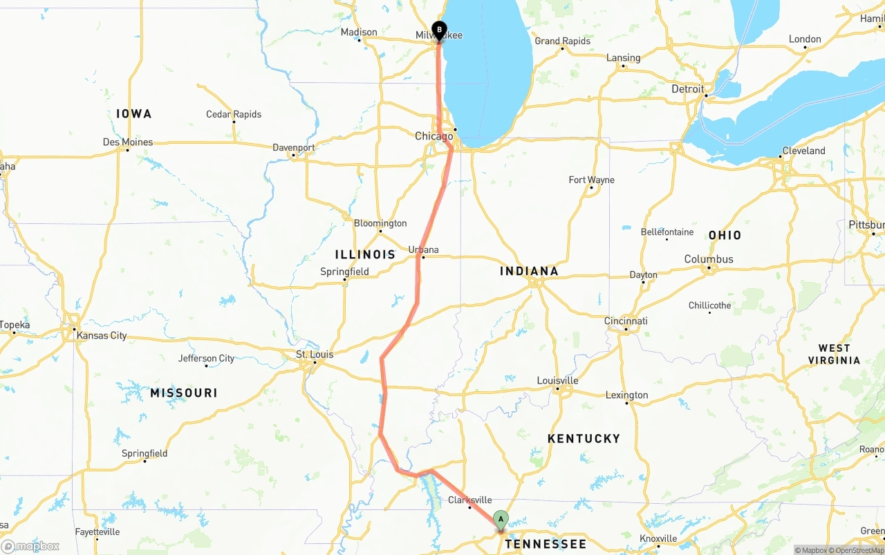Shipping route from Nashville to Milwaukee
