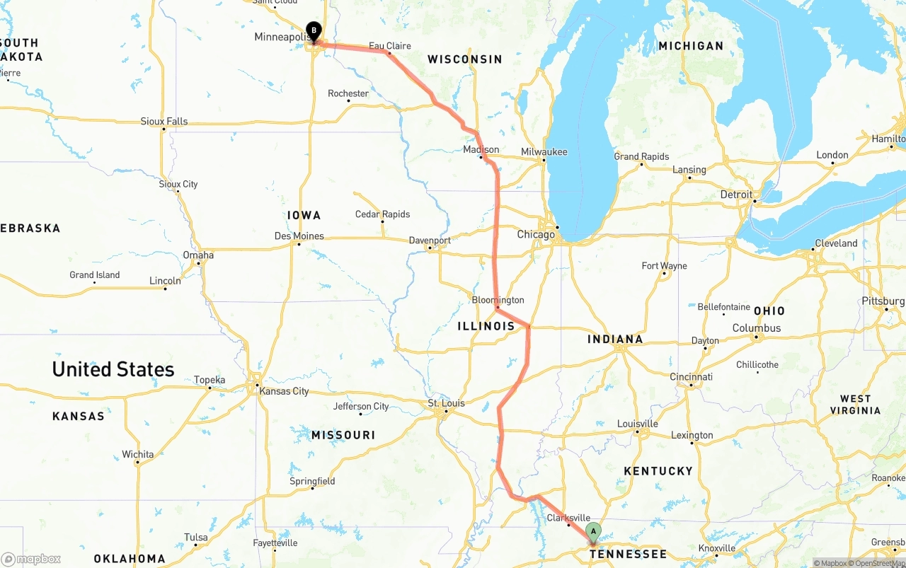 Shipping route from Nashville to Minneapolis