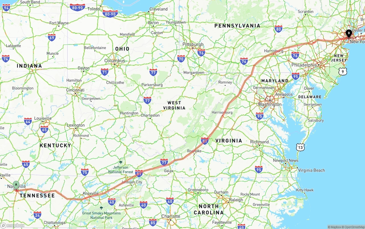 Shipping route from Nashville to New York City