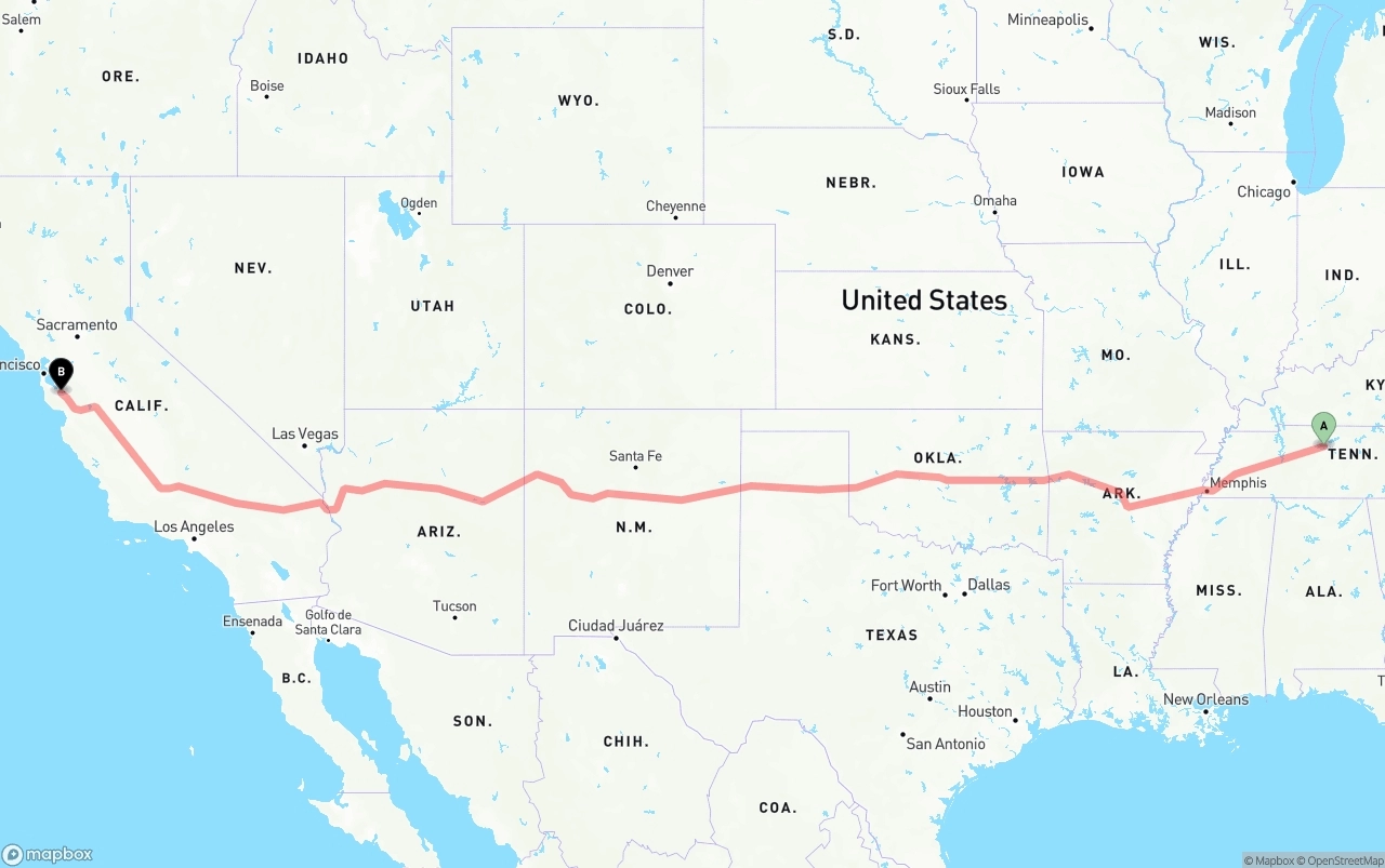 Shipping route from Nashville to Norman Y. Mineta San Jose International Airport