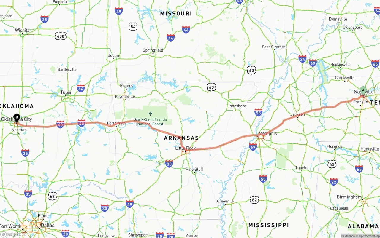 Shipping route from Nashville to Oklahoma City