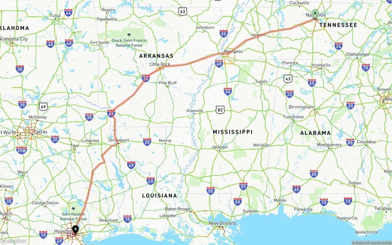 Shipping route from Nashville to Port of Houston
