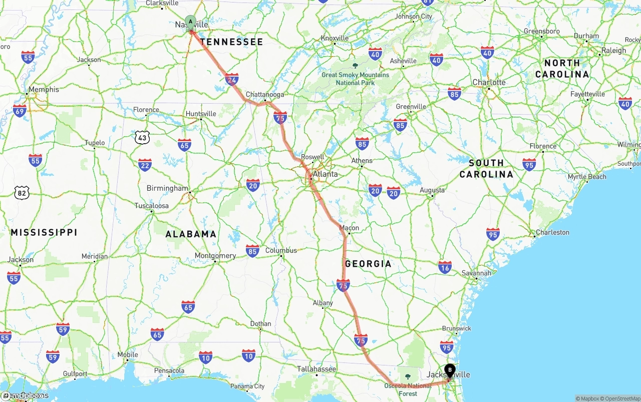 Shipping route from Nashville to Port of Jacksonville