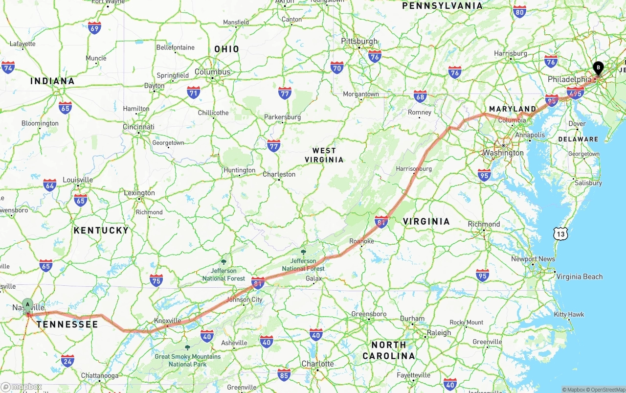 Shipping route from Nashville to Port of Philadelphia