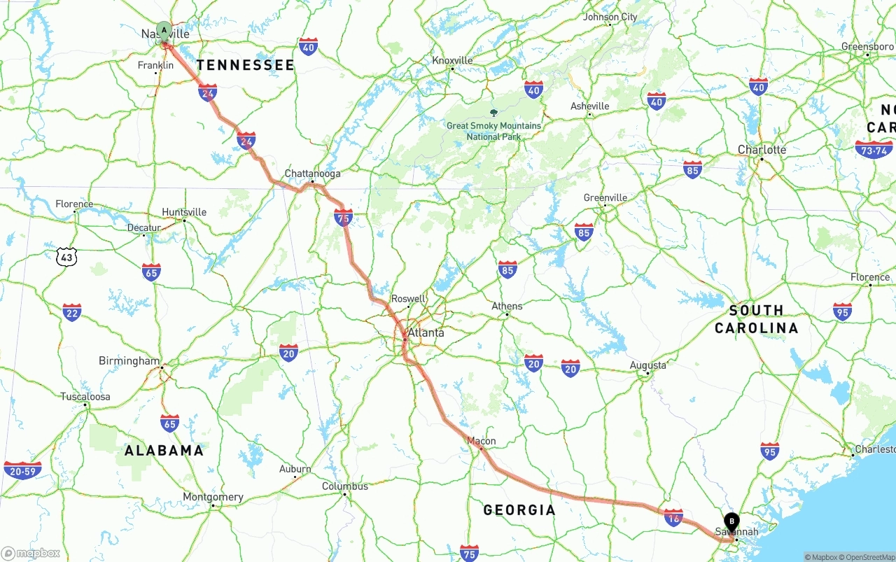 Shipping route from Nashville to Port of Savannah