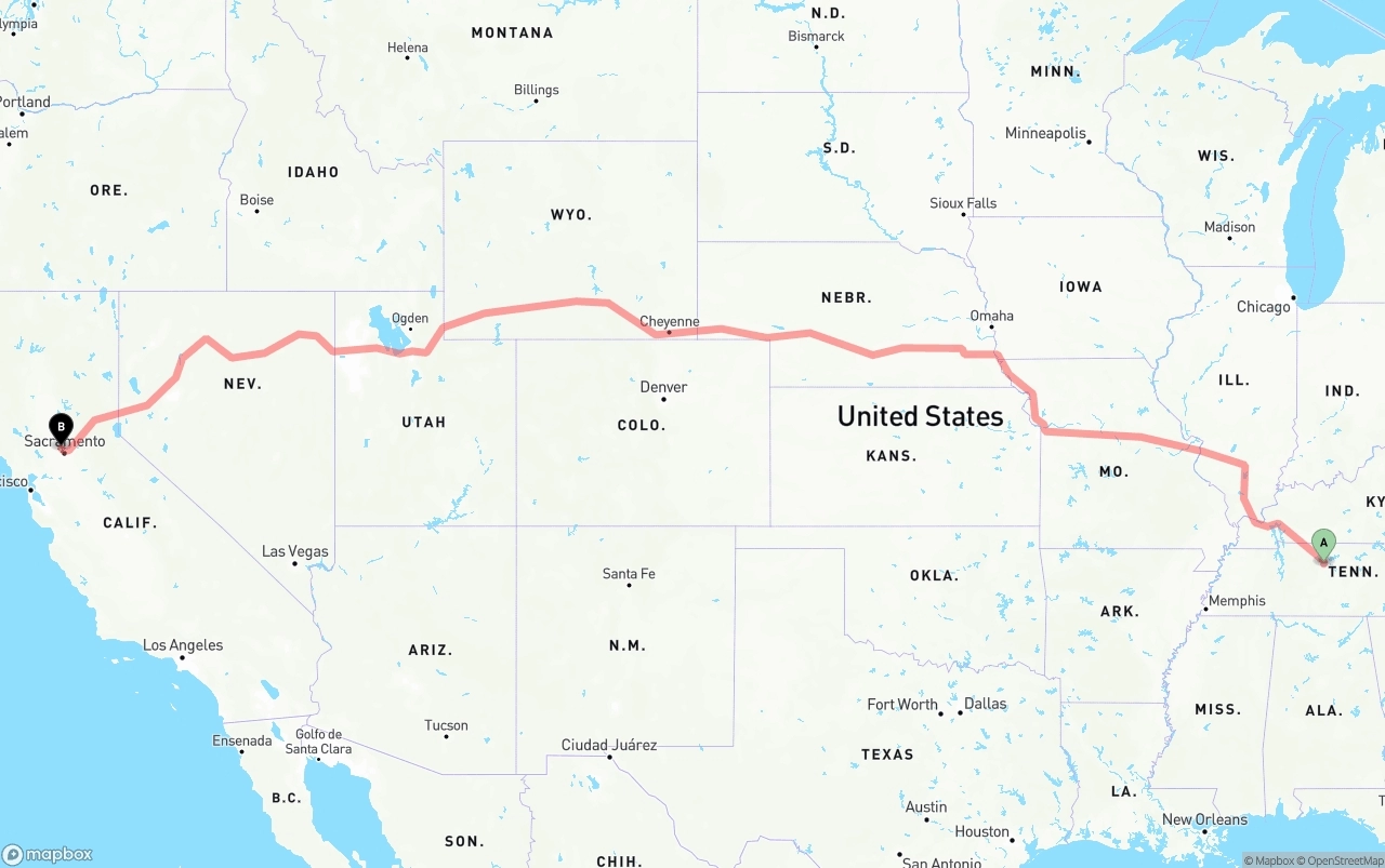 Shipping route from Nashville to Sacramento International Airport