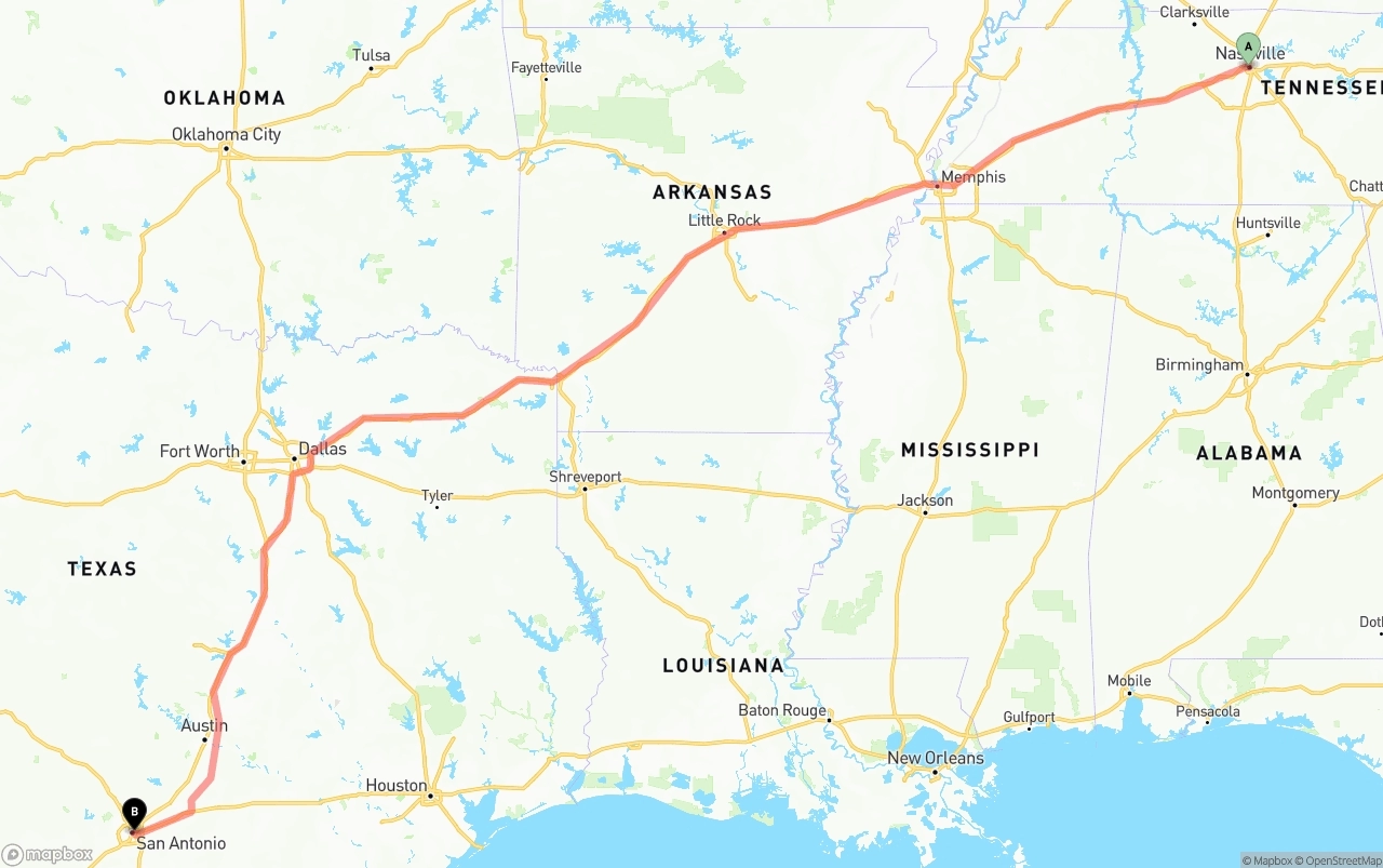 Shipping route from Nashville to San Antonio