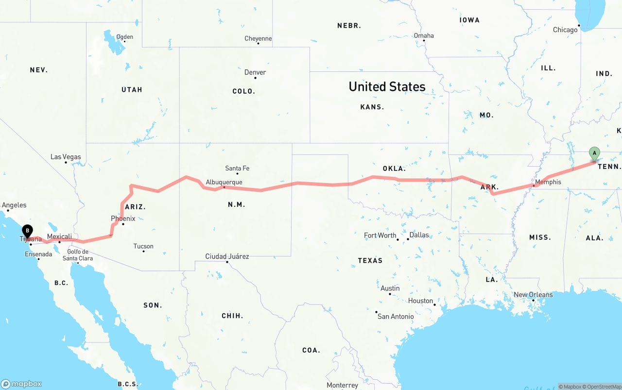 Shipping route from Nashville to San Diego International Airport