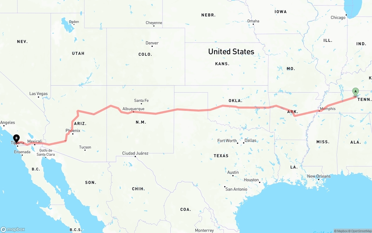 Shipping route from Nashville to San Diego