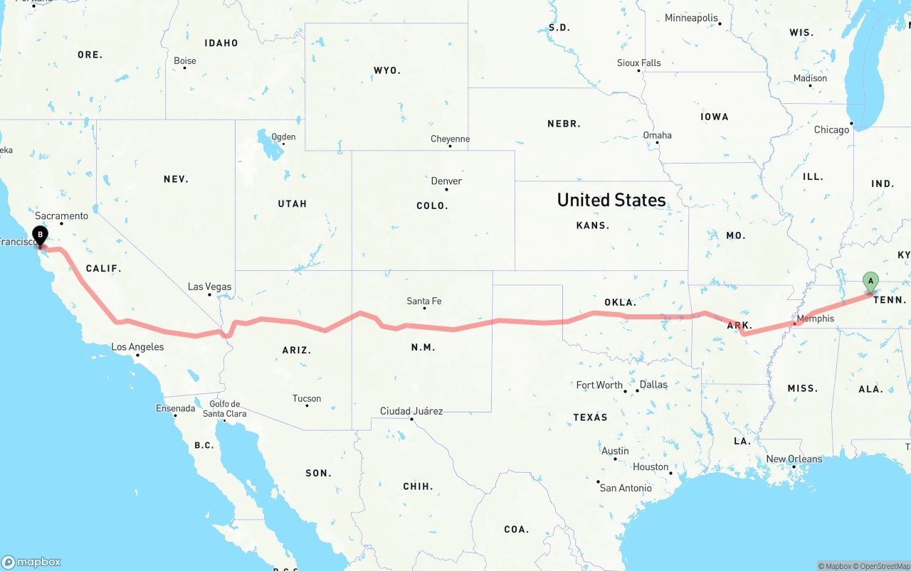 Shipping route from Nashville to San Francisco