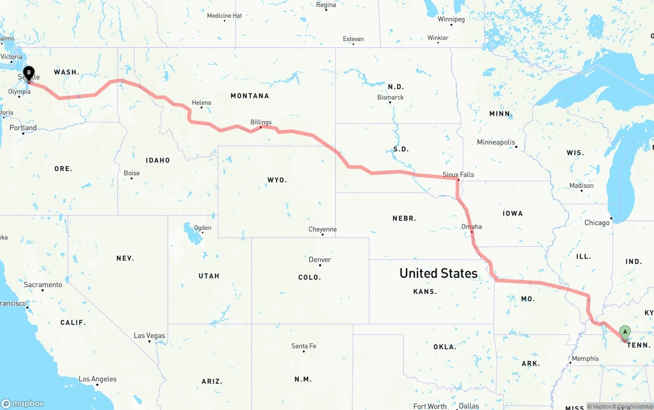 Shipping route from Nashville to Seattle