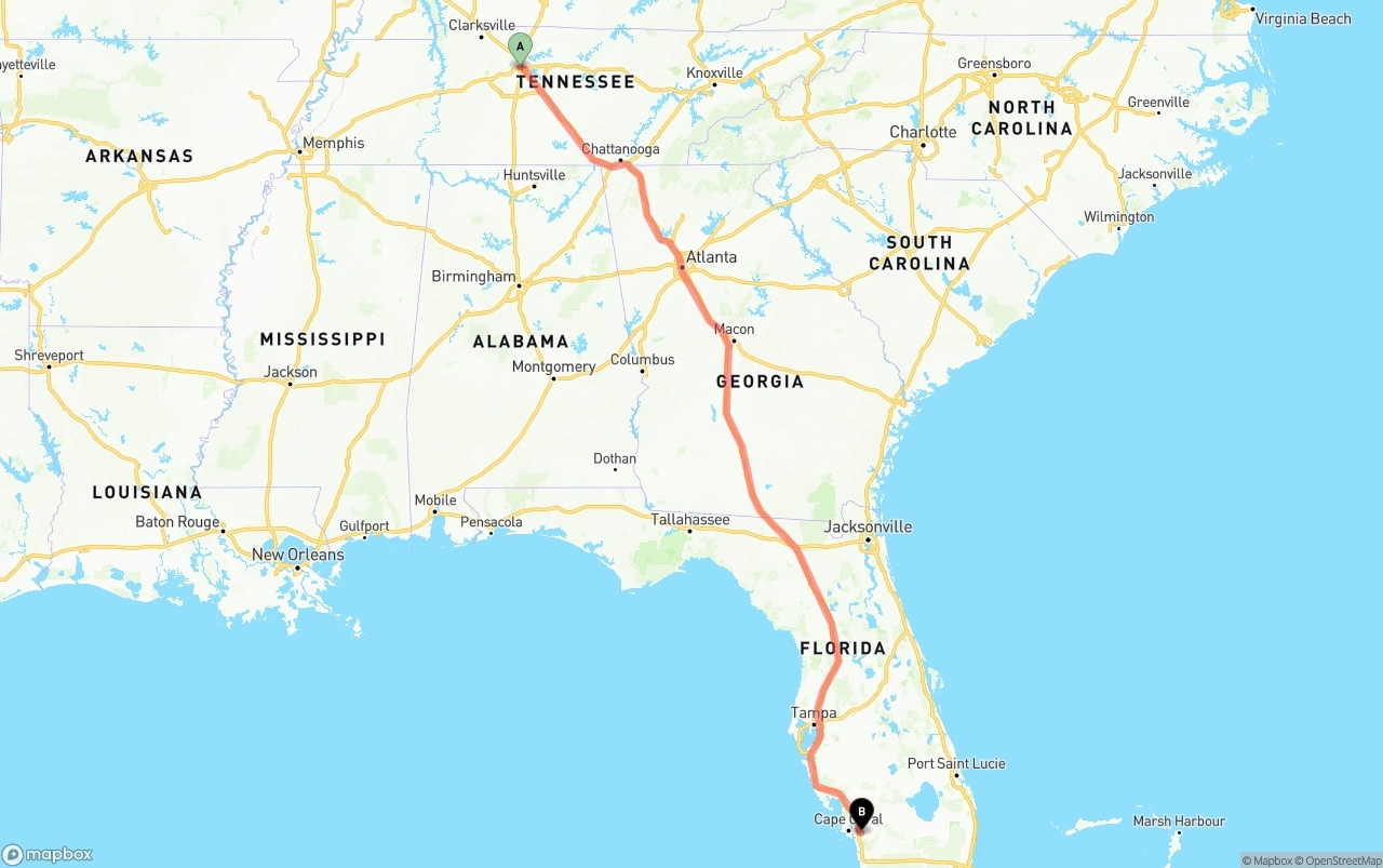 Shipping route from Nashville to Southwest Florida International Airport