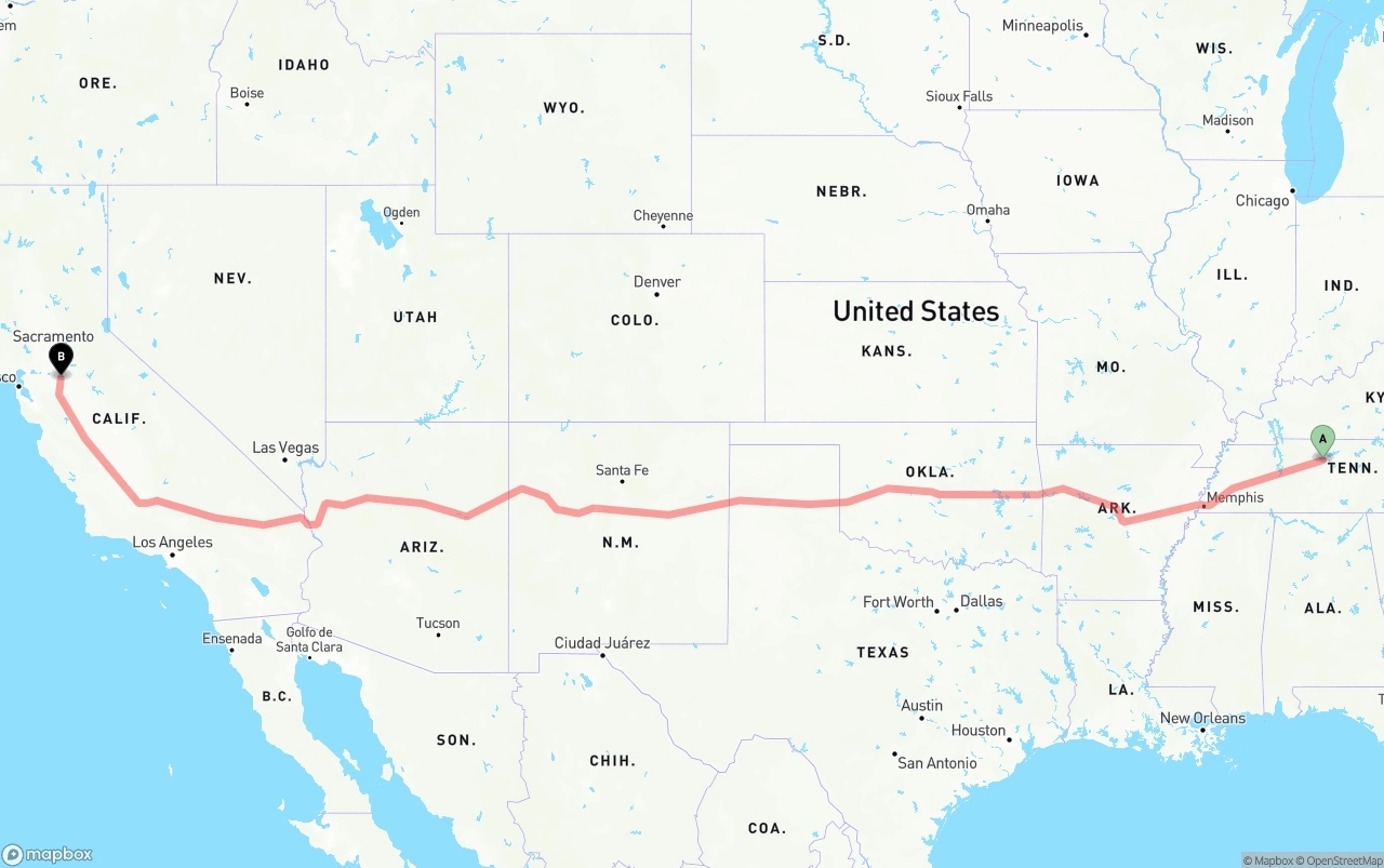 Shipping route from Nashville to Stockton