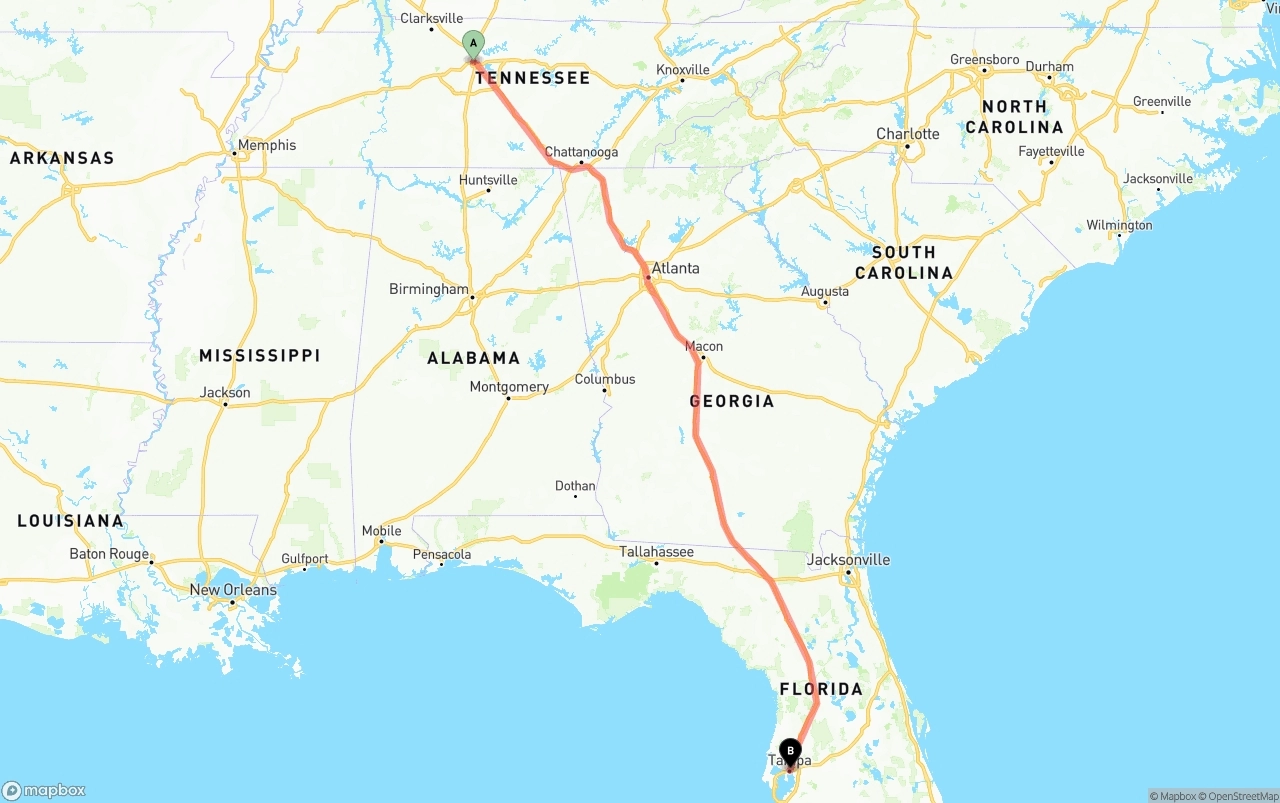 Shipping route from Nashville to Tampa