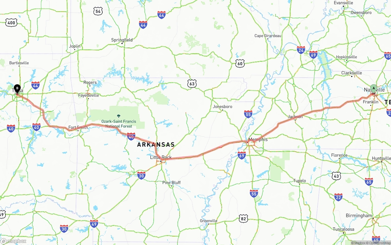 Shipping route from Nashville to Tulsa