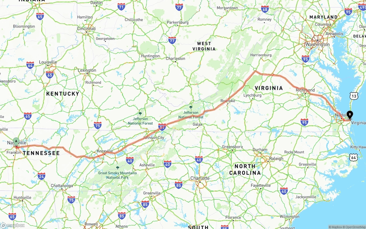 Shipping route from Nashville to Virginia Beach