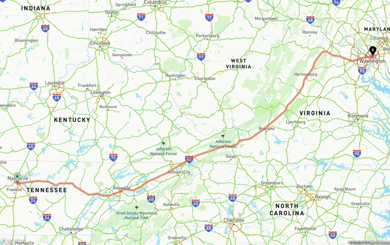 Shipping route from Nashville to Washington D.C.