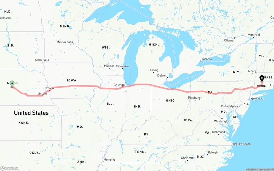 Nebraska to Bradley International Airport freight shipping route map