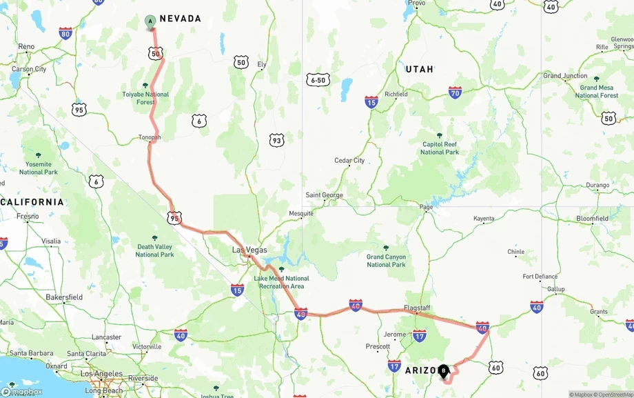 Nevada to Arizona freight shipping route map