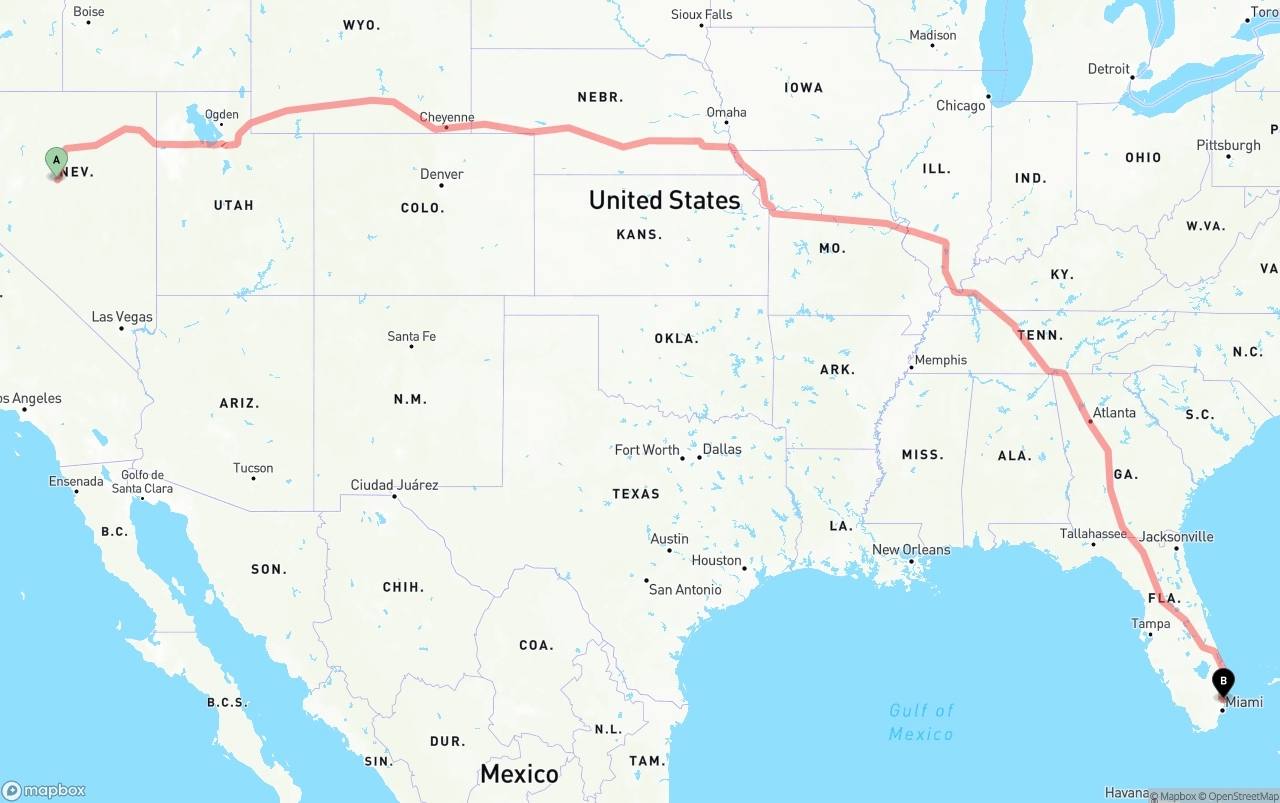 Shipping route from Nevada to Fort Lauderdale-Hollywood International Airport