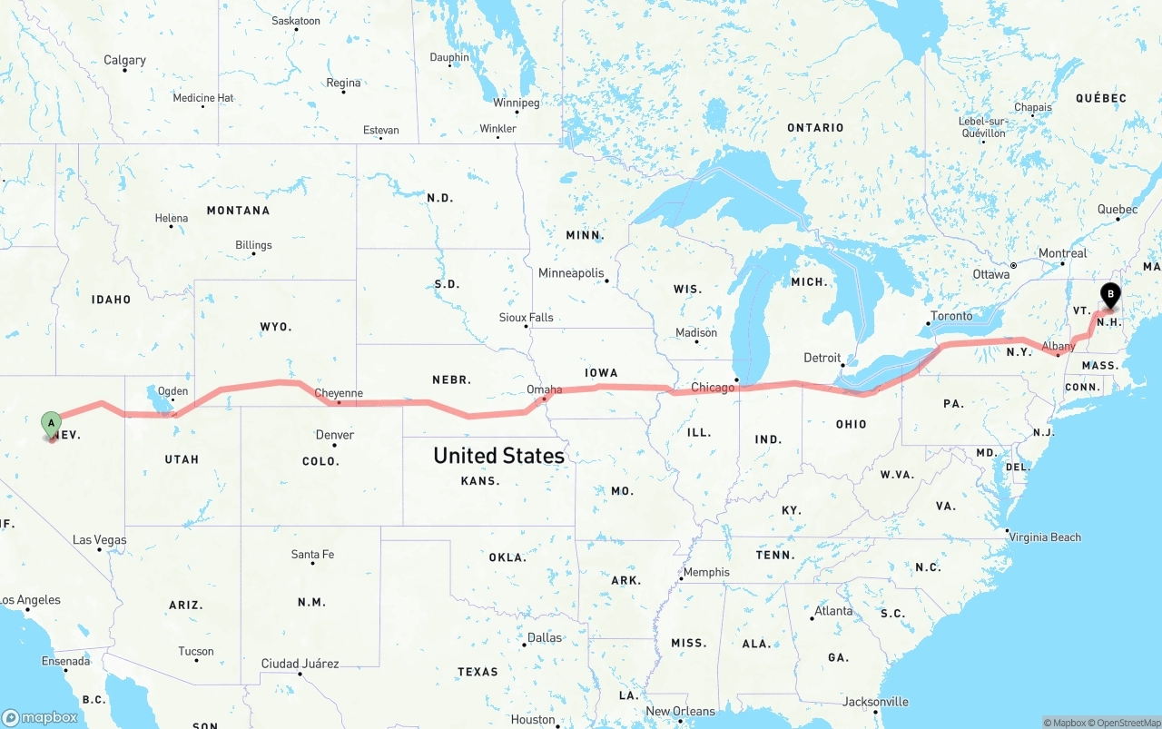 Shipping route from Nevada to New Hampshire