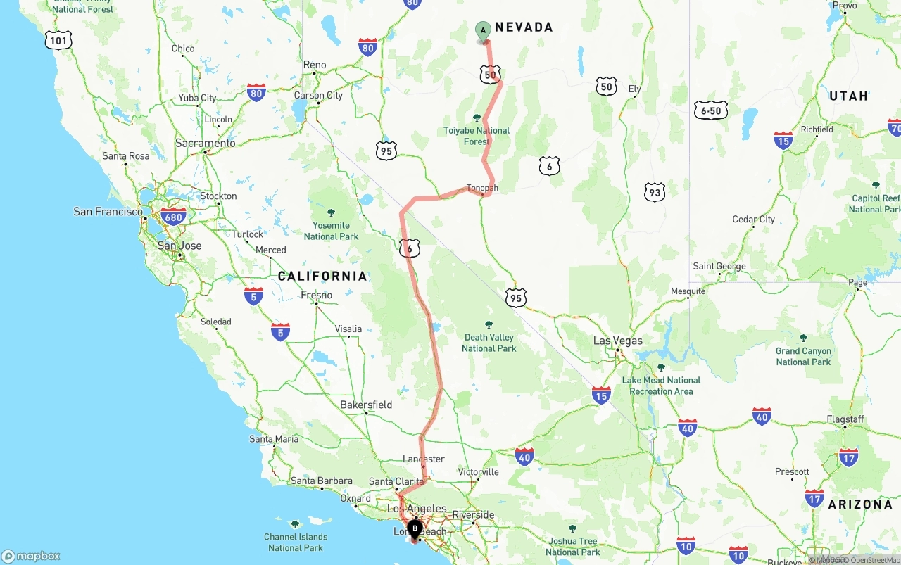 Shipping route from Nevada to Port of Los Angeles