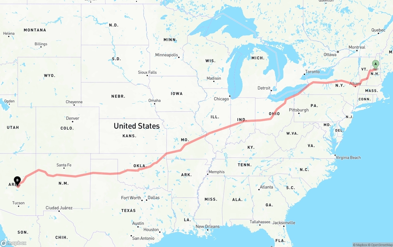 Shipping route from New Hampshire to Arizona