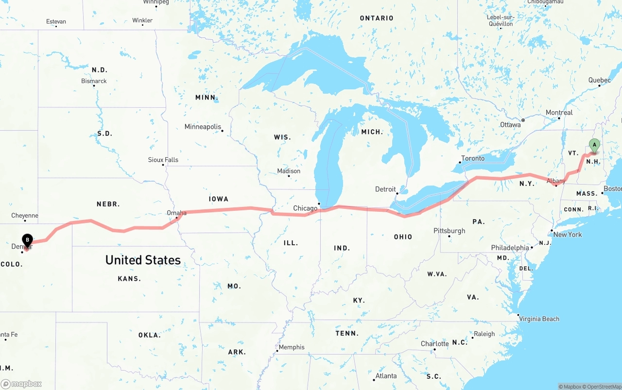 Shipping route from New Hampshire to Denver International Airport