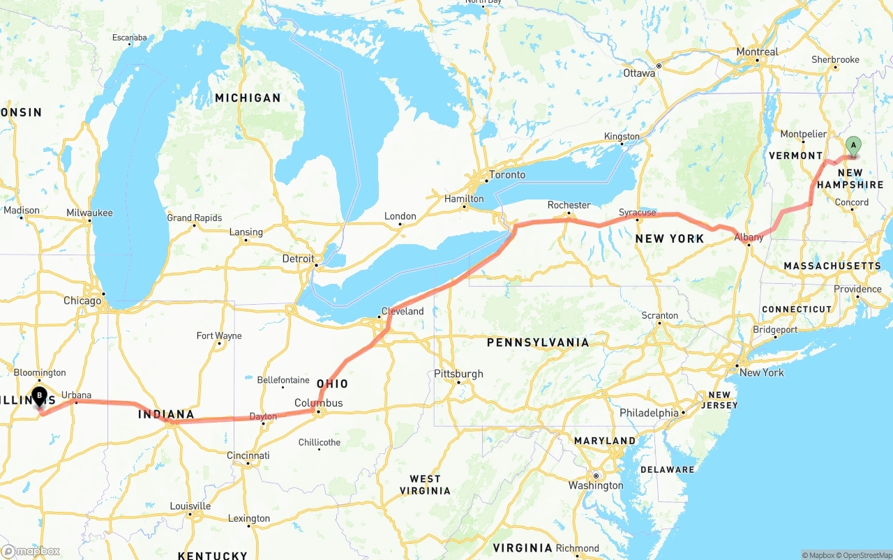 Shipping route from New Hampshire to Illinois