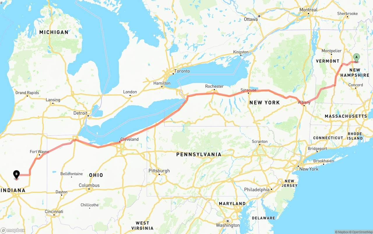 Shipping route from New Hampshire to Indiana