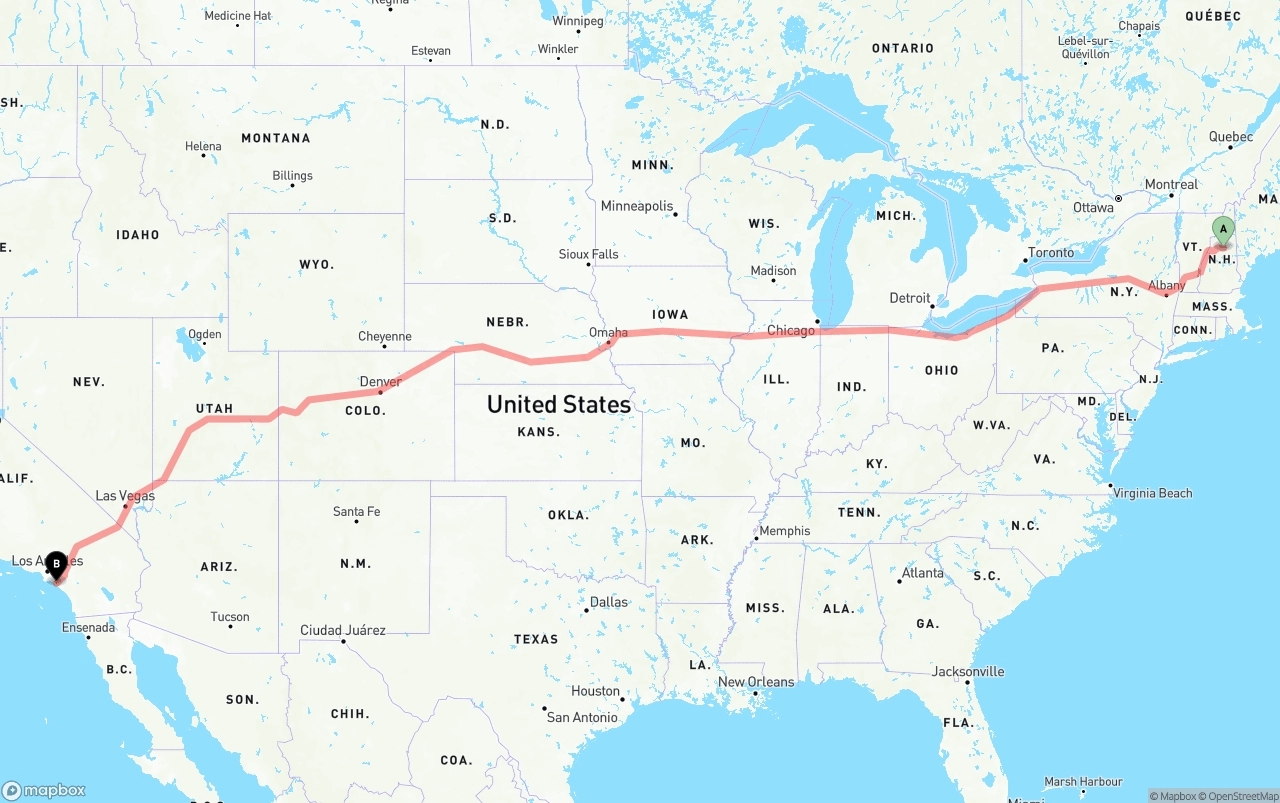 Shipping route from New Hampshire to John Wayne Airport — Orange County